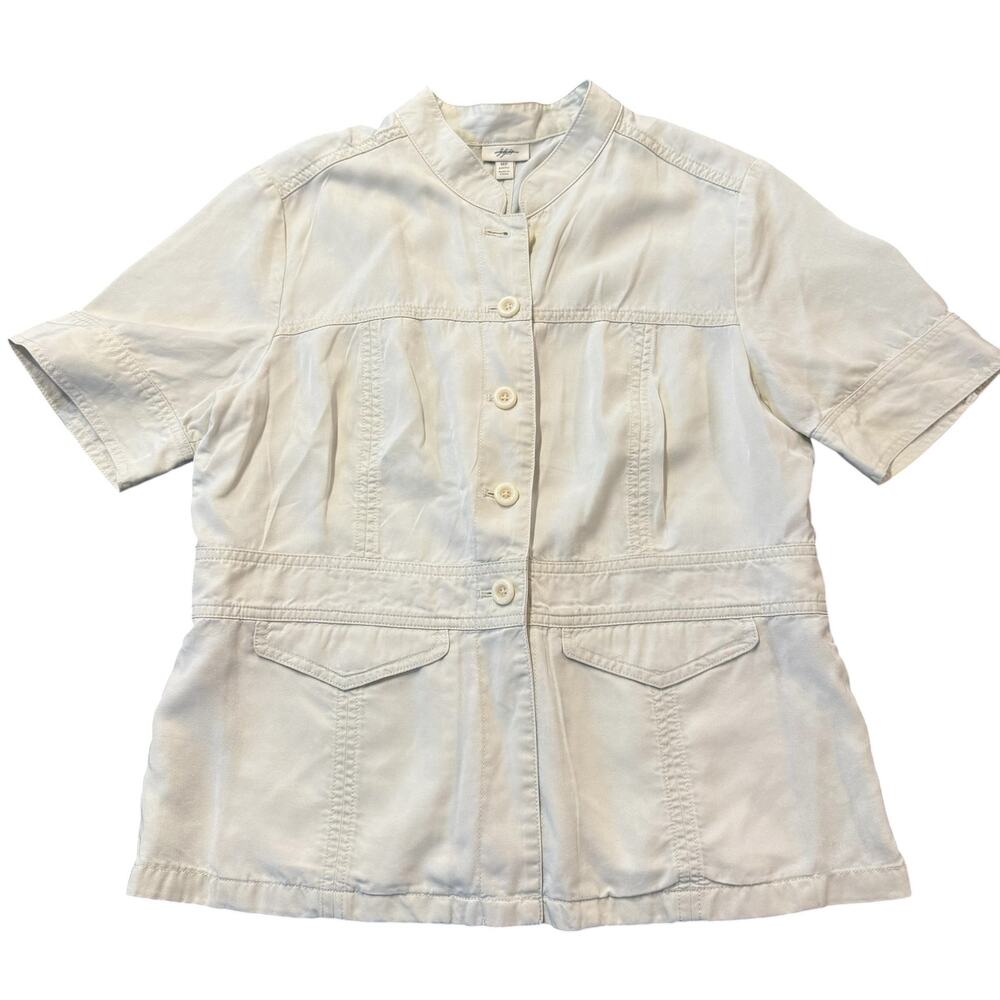J Jill Ladies tan/stone button down, short sleeve, safari, tencel lyocell, MP